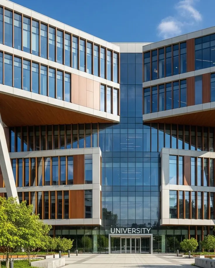 Glass front of a university building with the word University above the main entrance