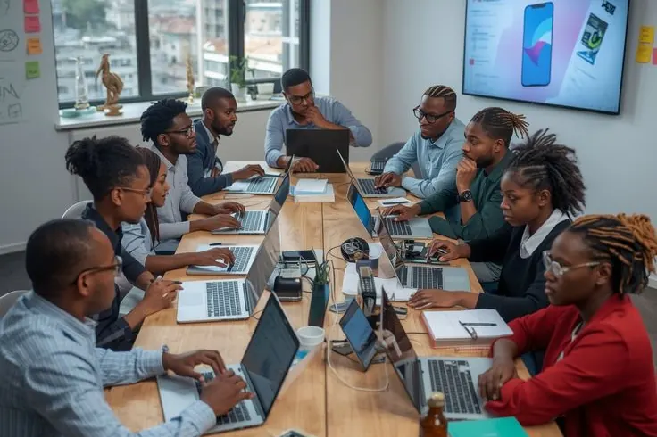 People seated around a long table with laptops during a working session